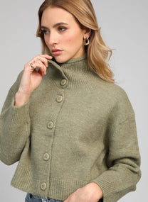 Cardigan in maglia verde tiglio con collo alto