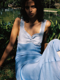 Abito midi azzurro con corpetto vichy