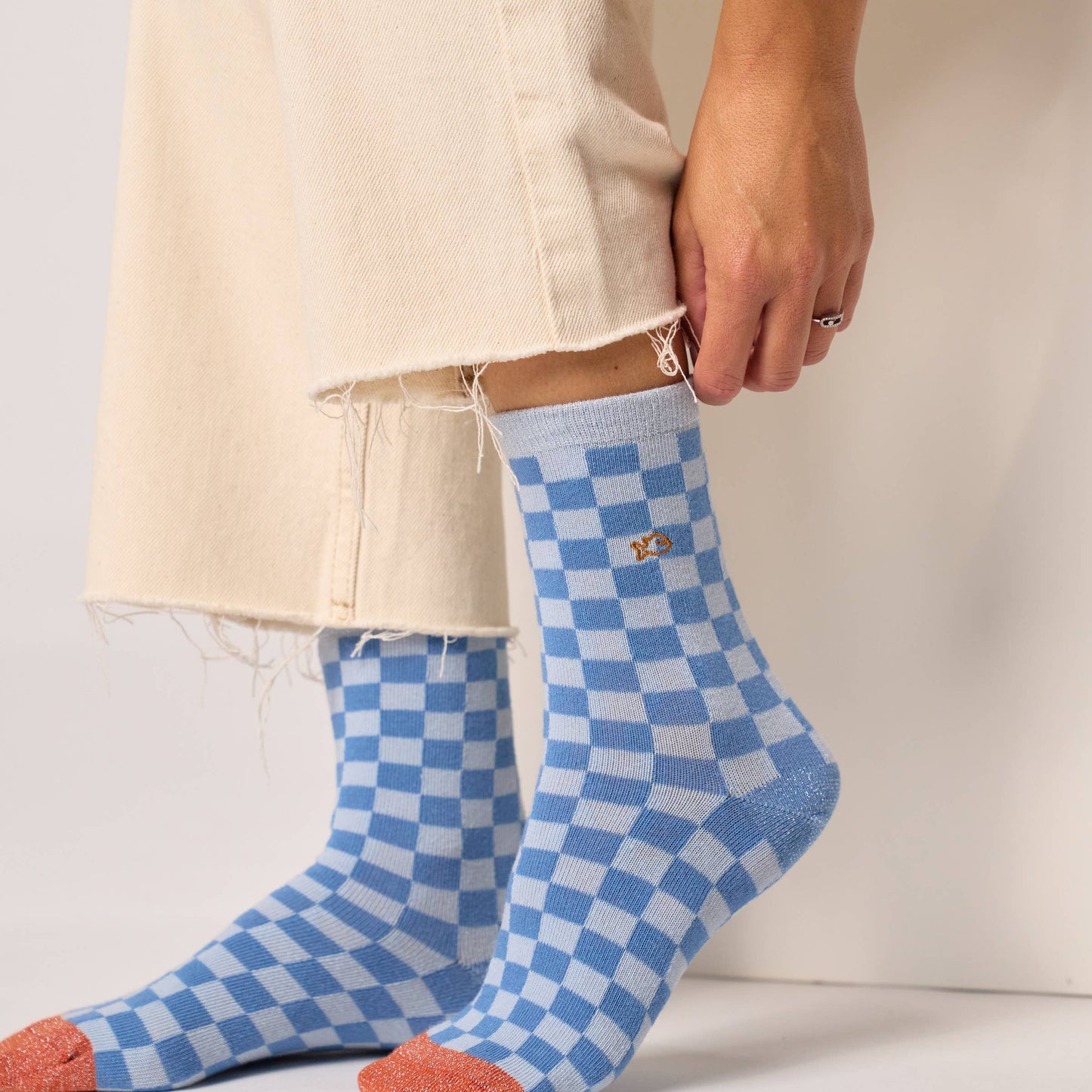Calzini a quadri in cotone pettinato azzurro