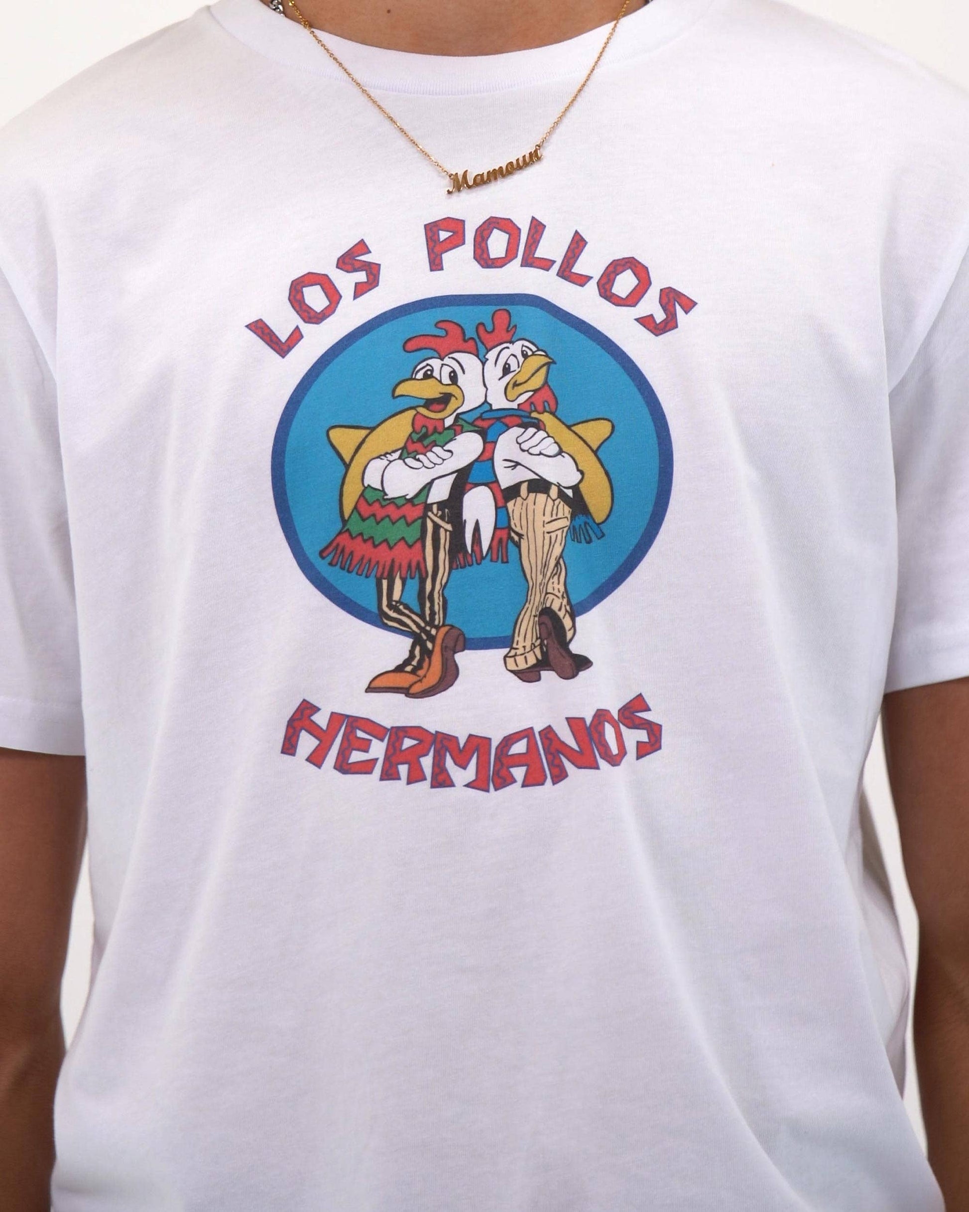 T-shirt unisex bianca con stampa Los Pollos Hermanos
