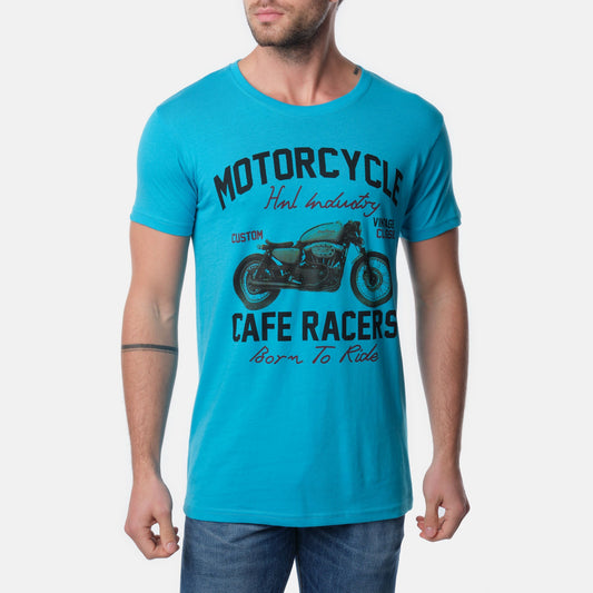 T-shirt uomo in cotone turchese con stampa moto