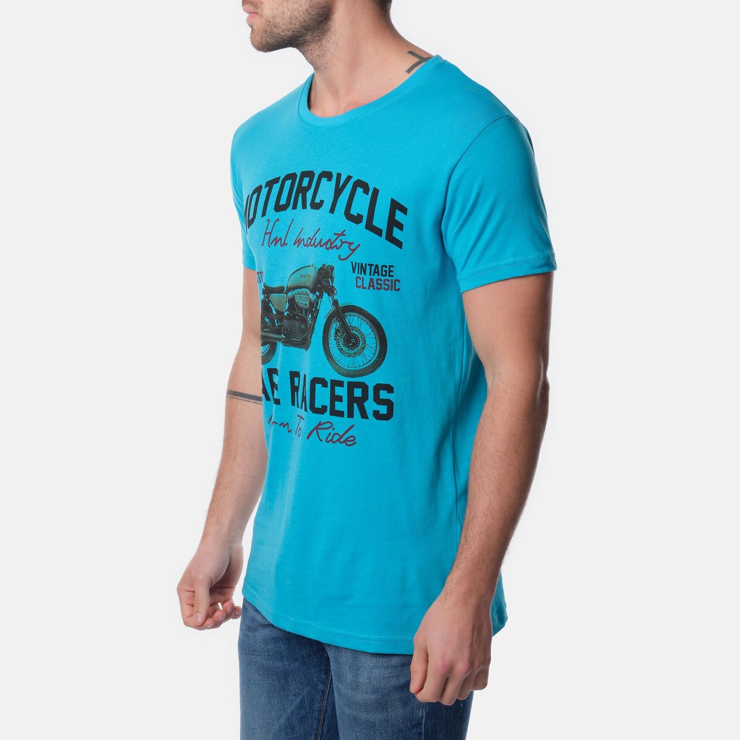 T-shirt uomo in cotone turchese con stampa moto