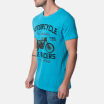 T-shirt uomo in cotone turchese con stampa moto