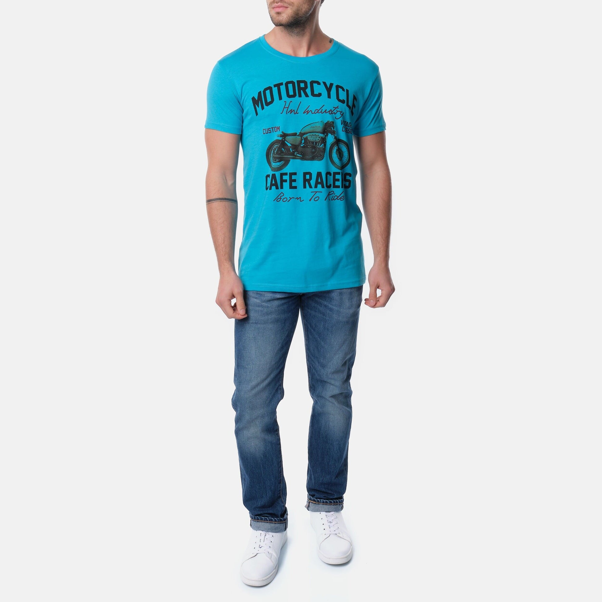 T-shirt uomo in cotone turchese con stampa moto