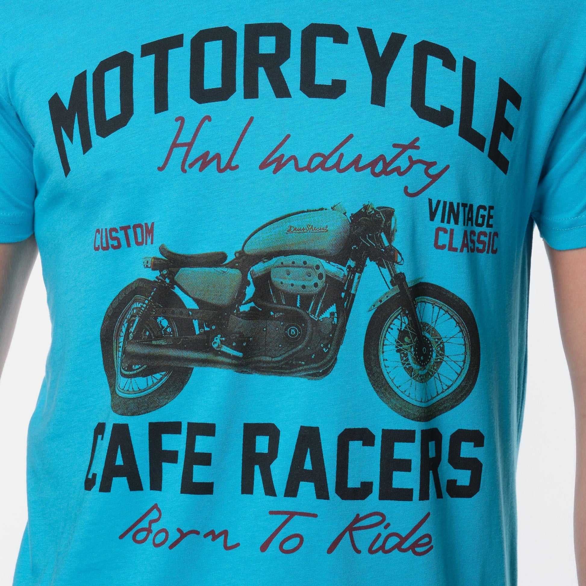 T-shirt uomo in cotone turchese con stampa moto