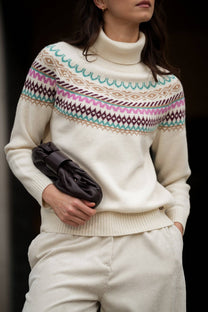 Maglione beige jacquard multicolore a collo alto