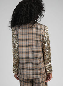 Blazer oversize color sabbia a quadri con maniche in paillettes