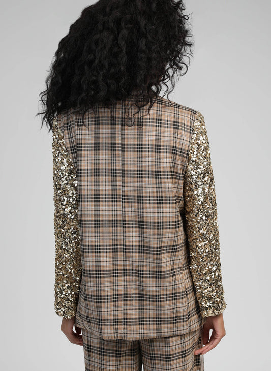 Blazer oversize color sabbia a quadri con maniche in paillettes