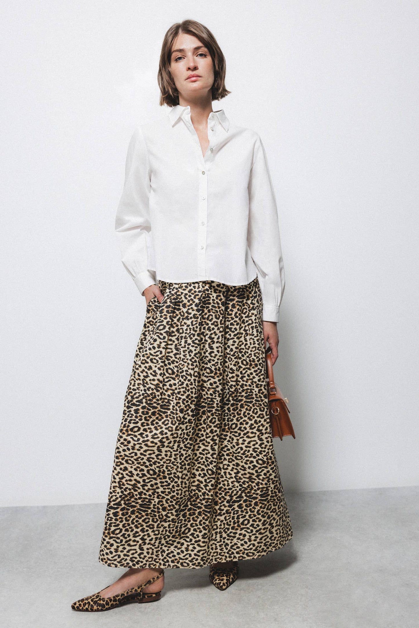 Gonna midi animalier plissettata in cotone