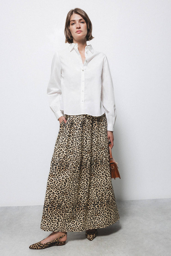 Gonna midi animalier plissettata in cotone