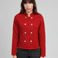 Cardigan in maglia rossa con bottoni dorati e collo alto