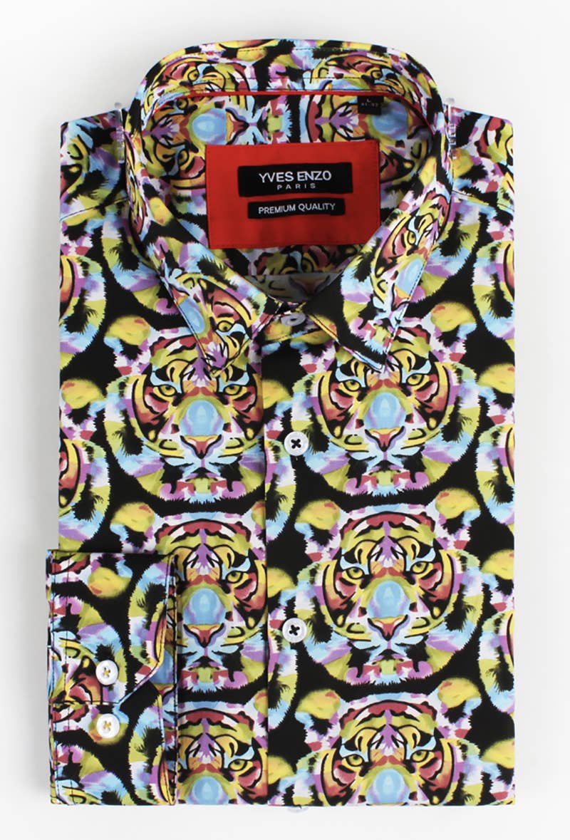 Camicia slim elasticizzata con stampa tigre