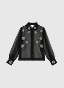 Camicia nera in organza con ricamo gioiello