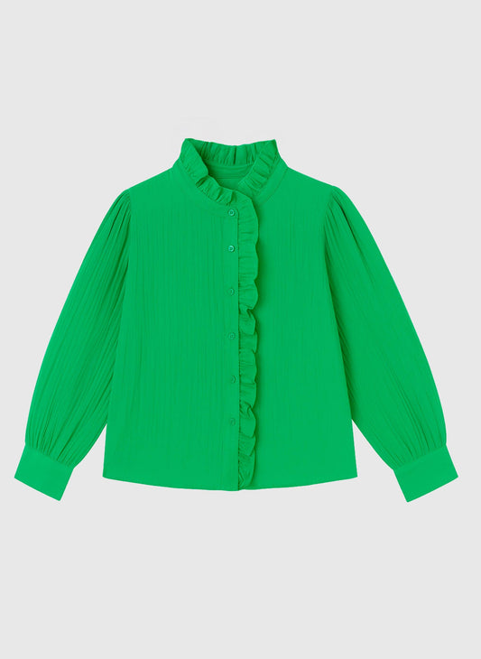 Camicia verde con rouches e collo alto