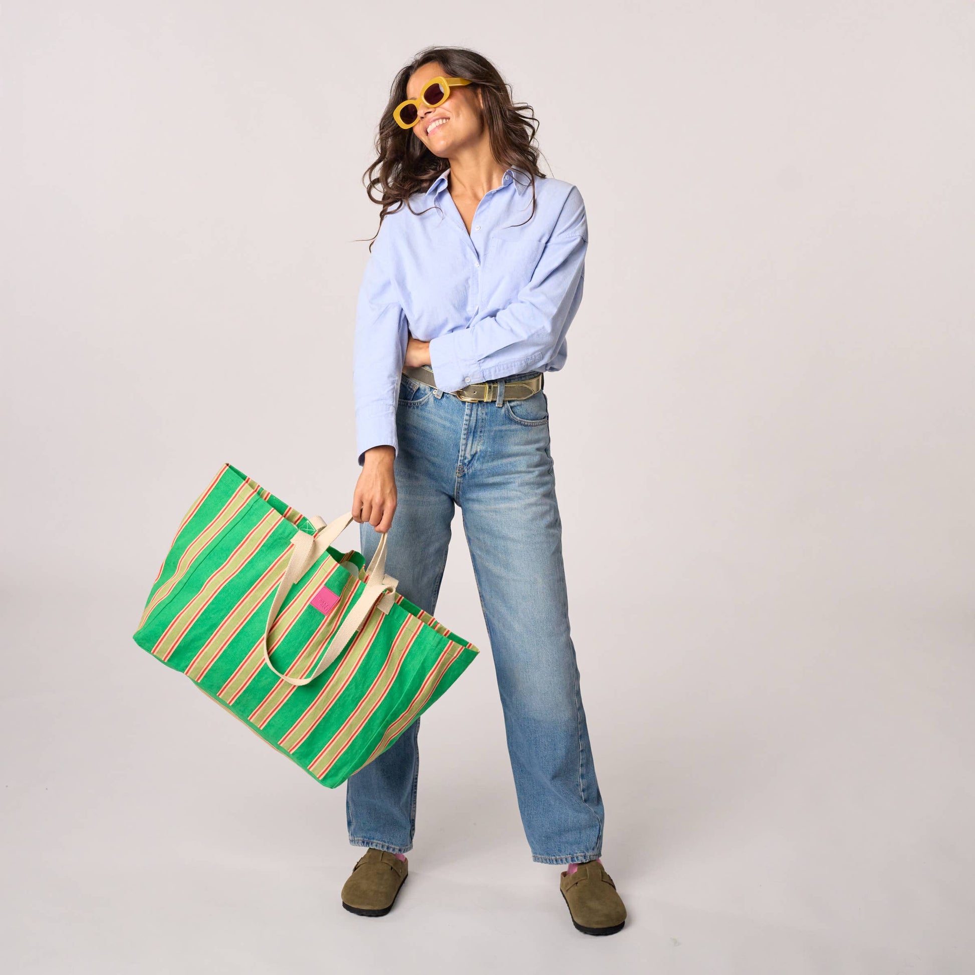 Borsa shopper a righe in cotone biologico verde