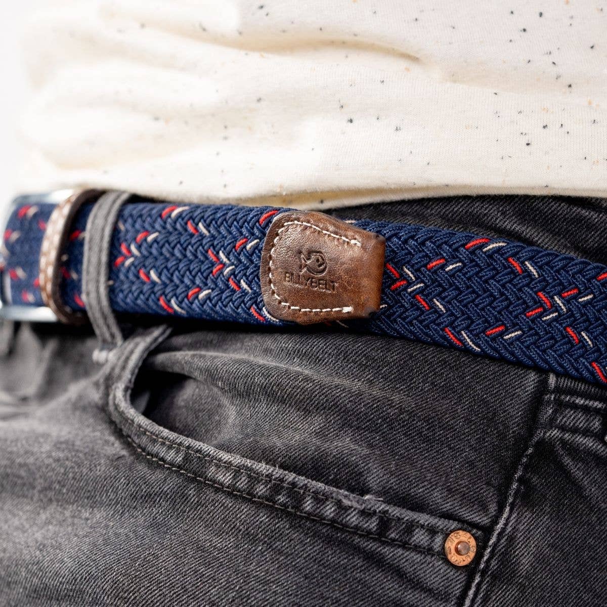 Cintura elastica intrecciata Oxford con dettagli in pelle