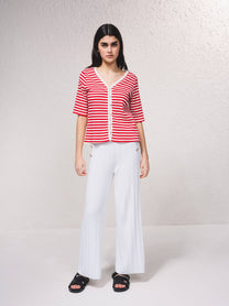 Cardigan a righe con scollo a V e bottoni, manica corta
