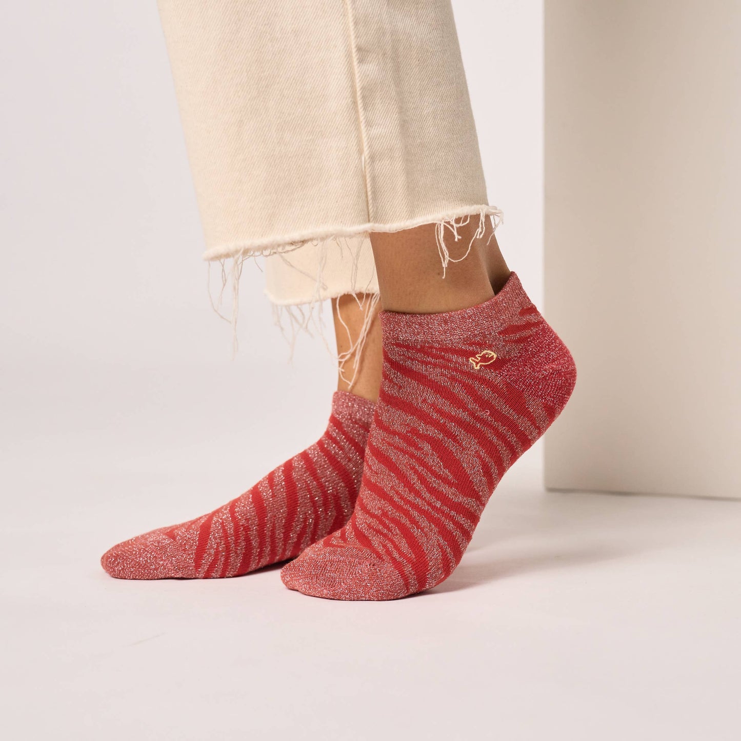 Calzini bassi glitterati zebrati bordeaux in cotone pettinato