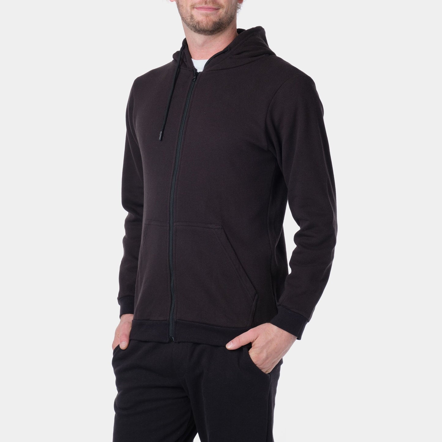 Felpa con cappuccio zip in piqué nera da uomo