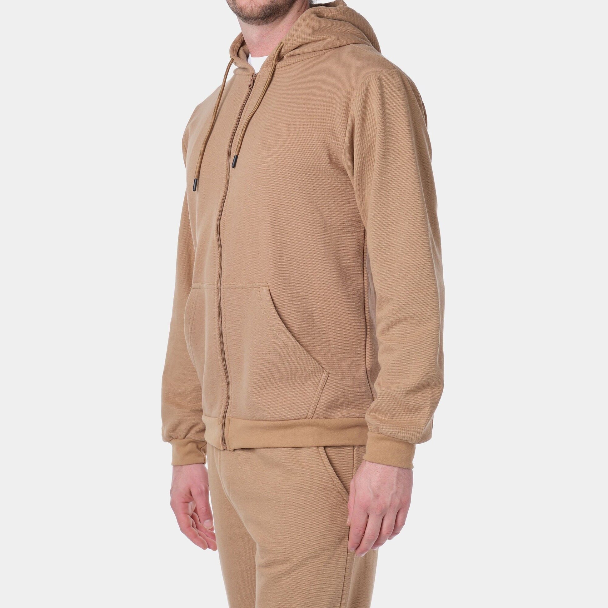 Felpa con cappuccio e zip in maglia piqué color tortora Satoru