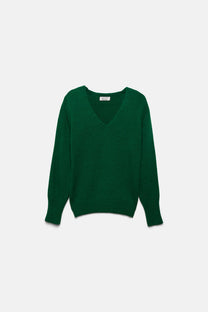 Maglione verde a maglia rasata con scollo a V