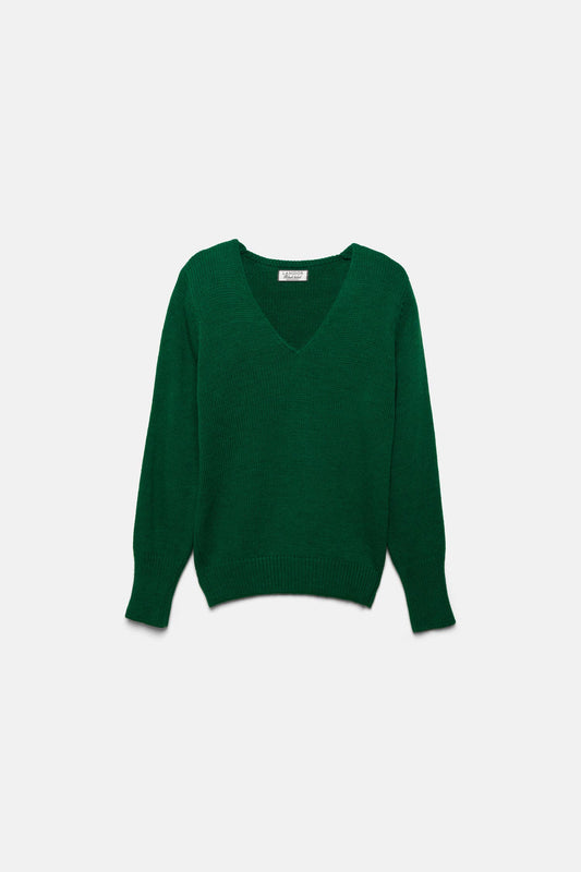 Maglione verde a maglia rasata con scollo a V
