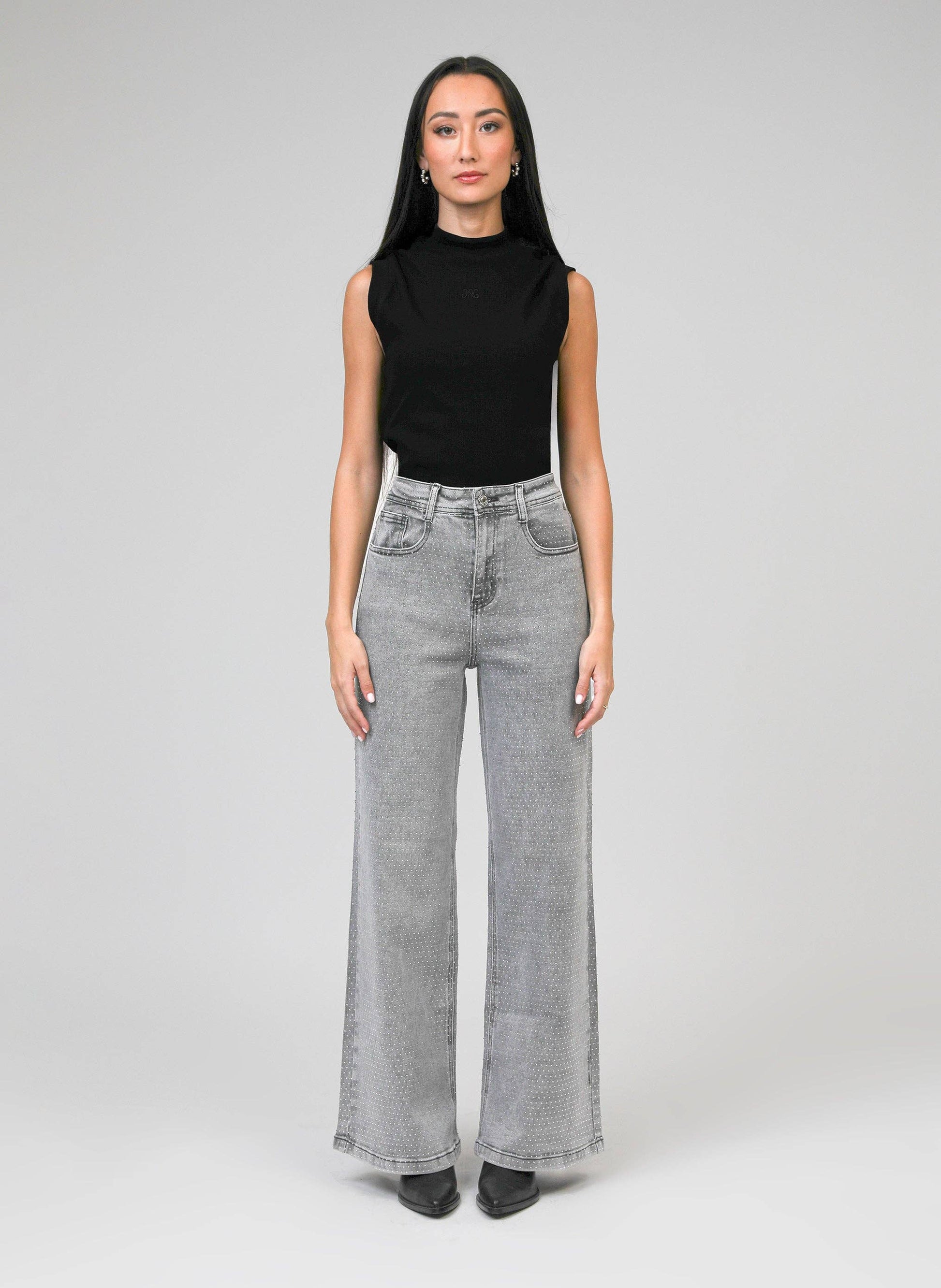 Jeans grigi con paillettes a vita alta