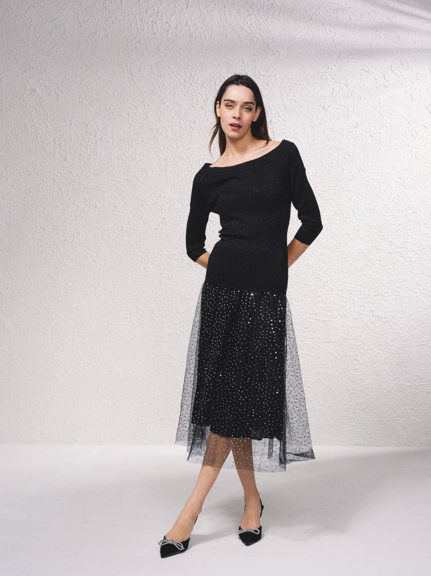 Gonna midi in tulle con paillettes
