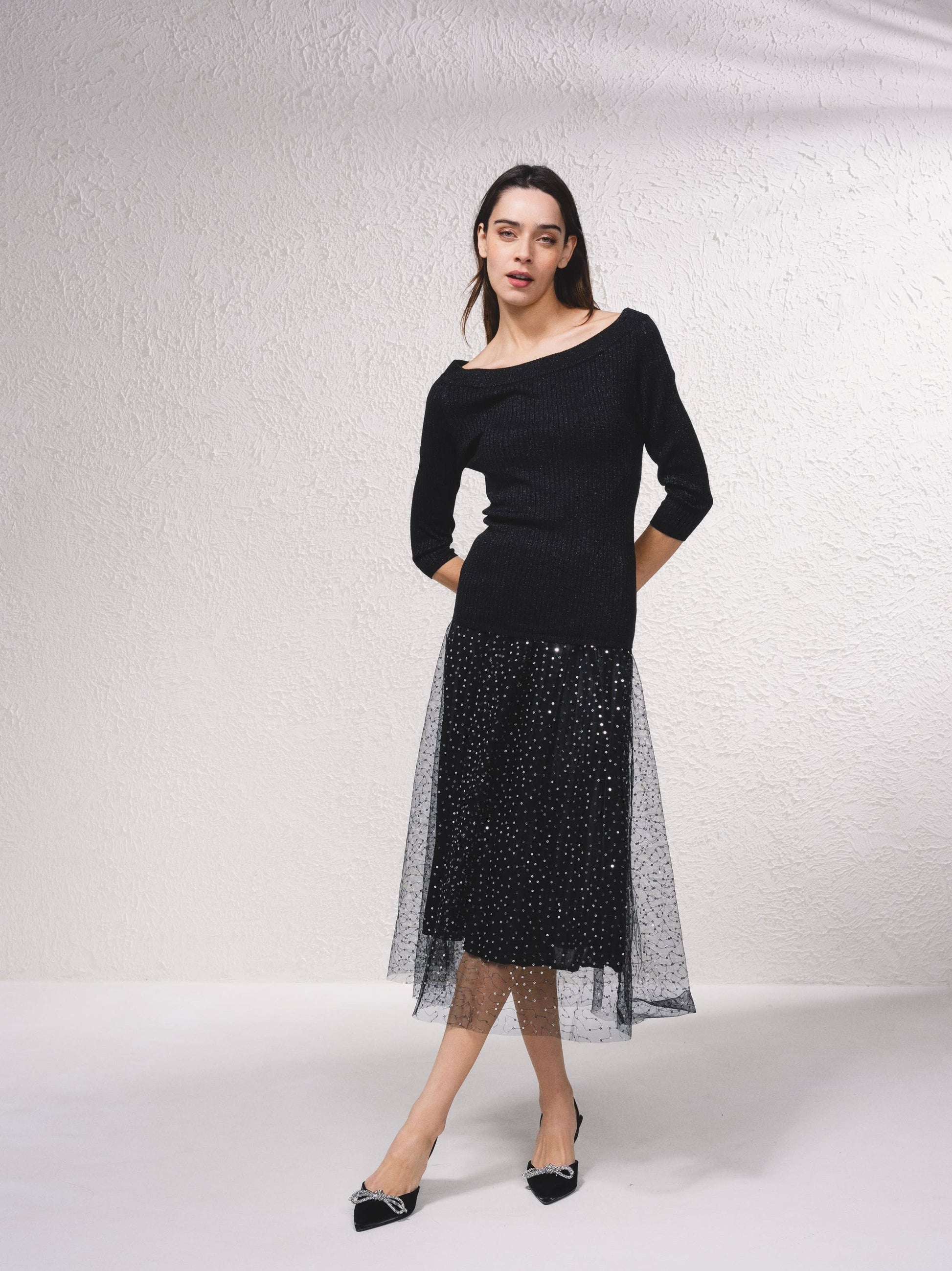Gonna midi in tulle con paillettes