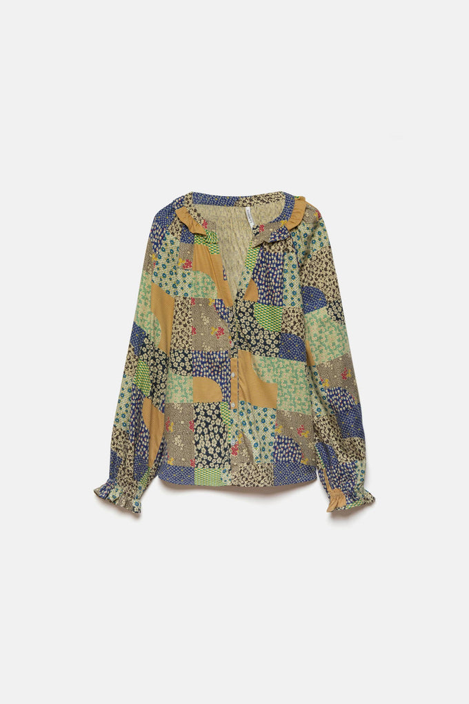 Blusa patchwork multicolor con scollo a V
