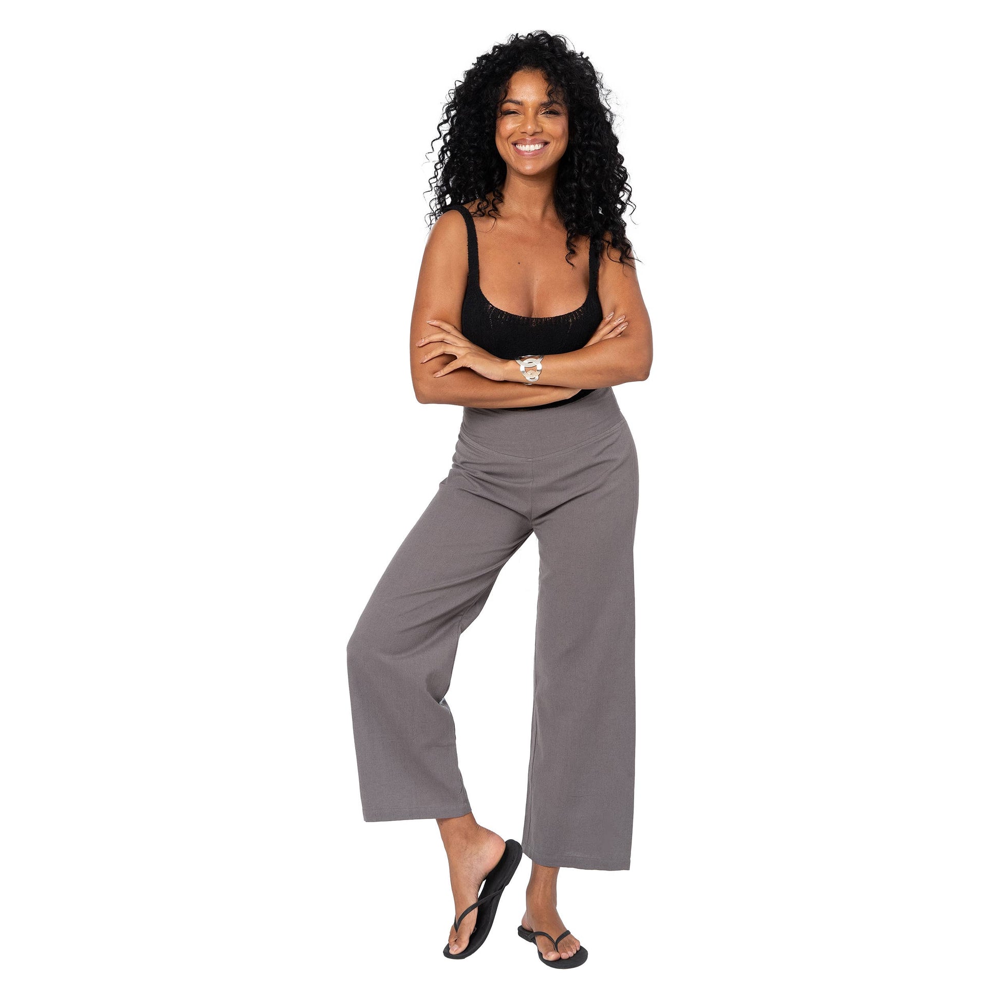 Pantaloni estivi cropped in cotone e lino grigi