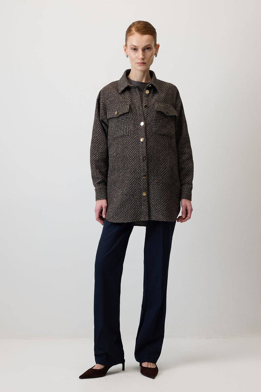Camicia oversize a spina di pesce marrone