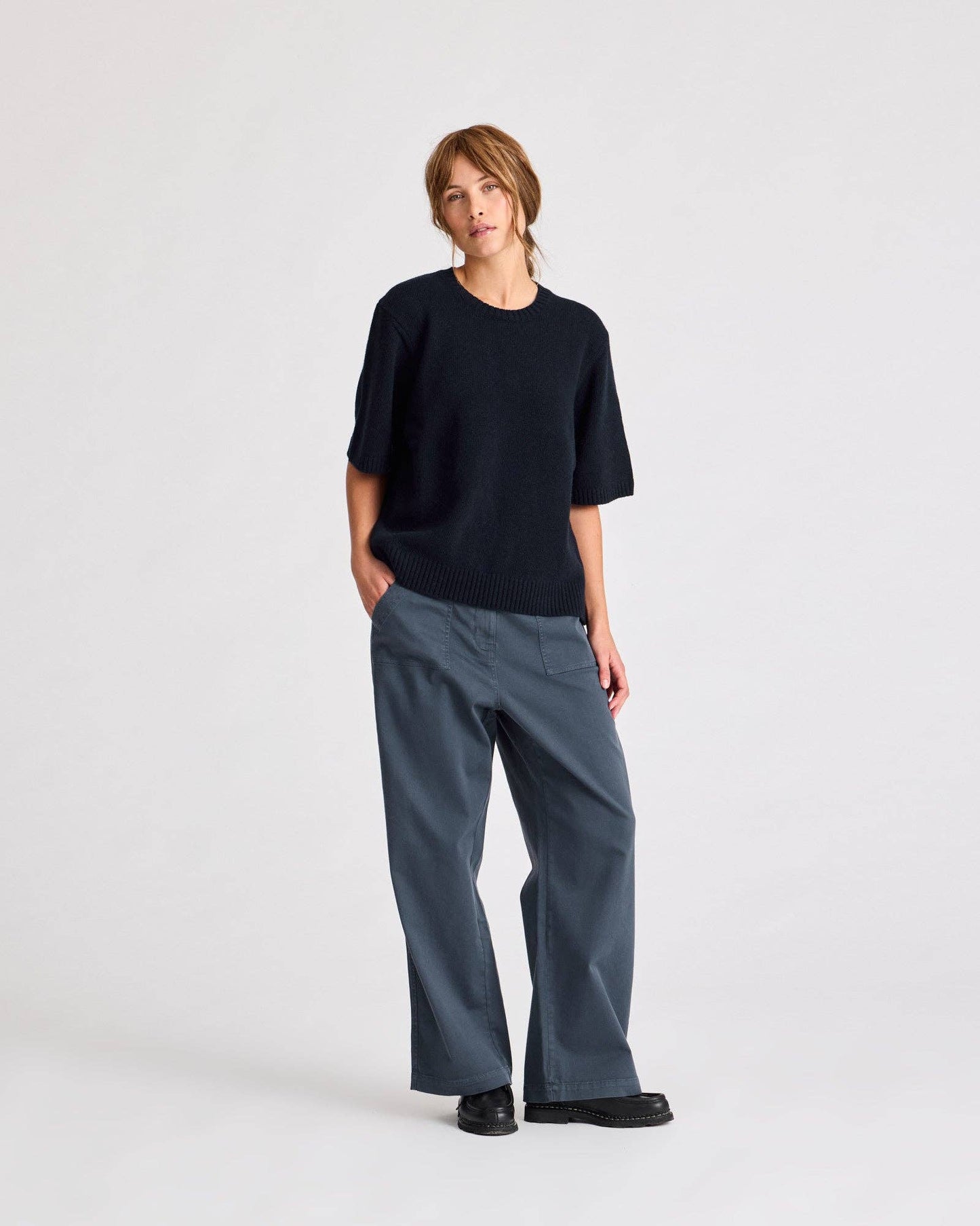 Maglione in lana d’agnello biologica a maniche corte Blu Notte