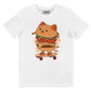 T-shirt unisex in cotone biologico con grafica Burger Cat Skater bianca