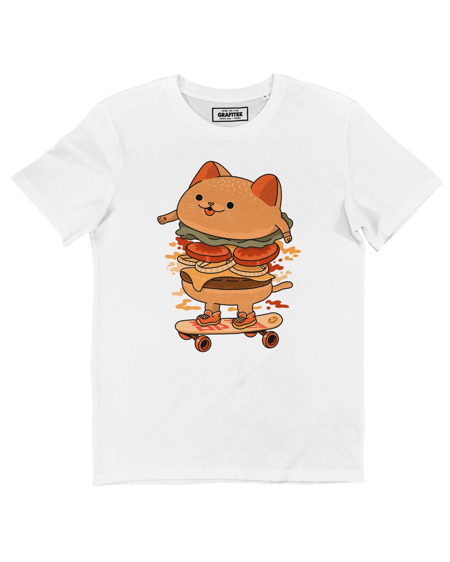 T-shirt unisex in cotone biologico con grafica Burger Cat Skater bianca