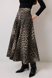 Gonna in gabardine con stampa leopardata