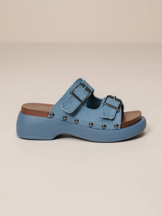 Sandali platform in denim con zeppa alta