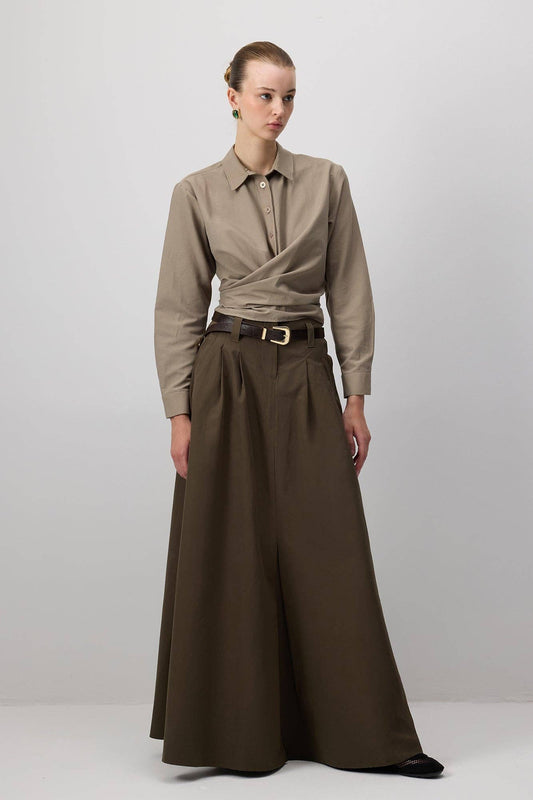 Camicia avvolgente in popeline di cotone color visone