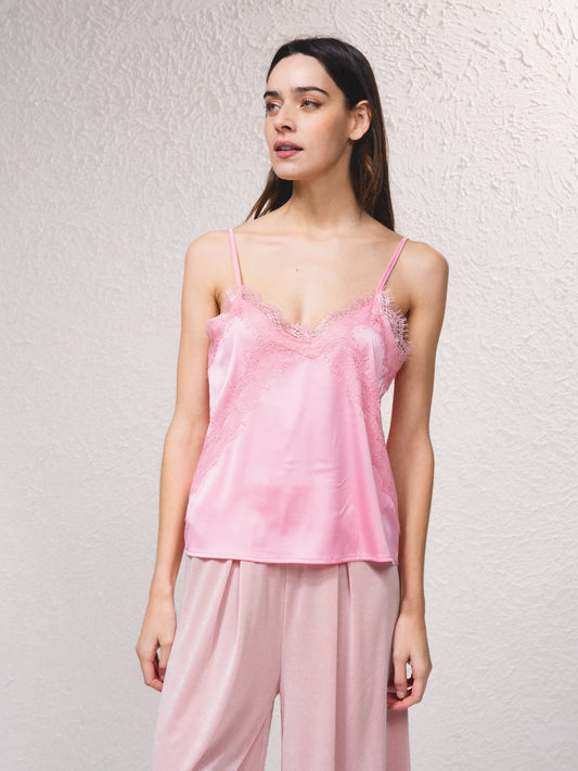 Top in raso con dettagli in pizzo