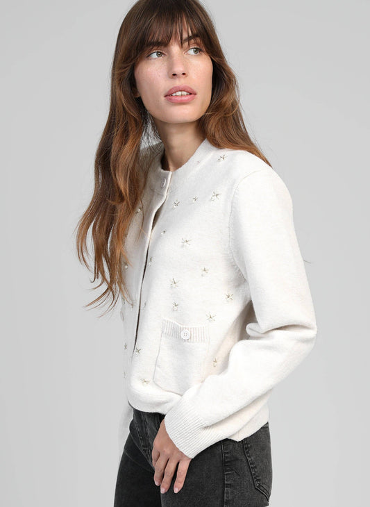 Cardigan Natalia écru con ricamo di perle