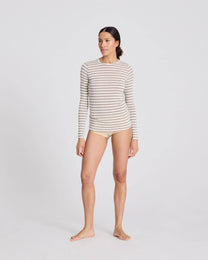 Maglia marinara Thyra in lana a righe écru e grigio mélange