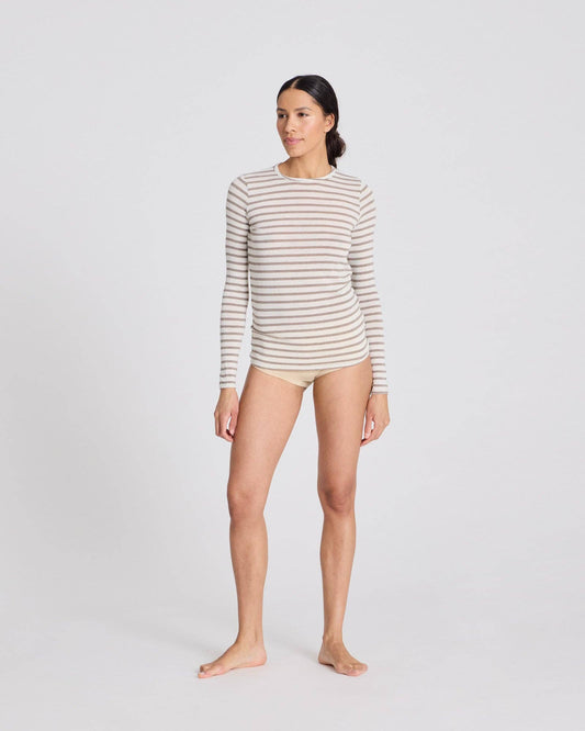 Maglia marinara Thyra in lana a righe écru e grigio mélange