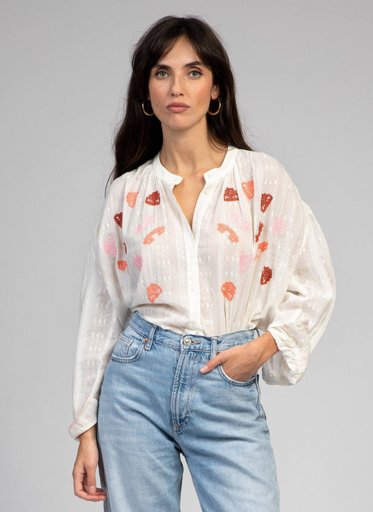 Camicia ricamata in voile di cotone ecrù