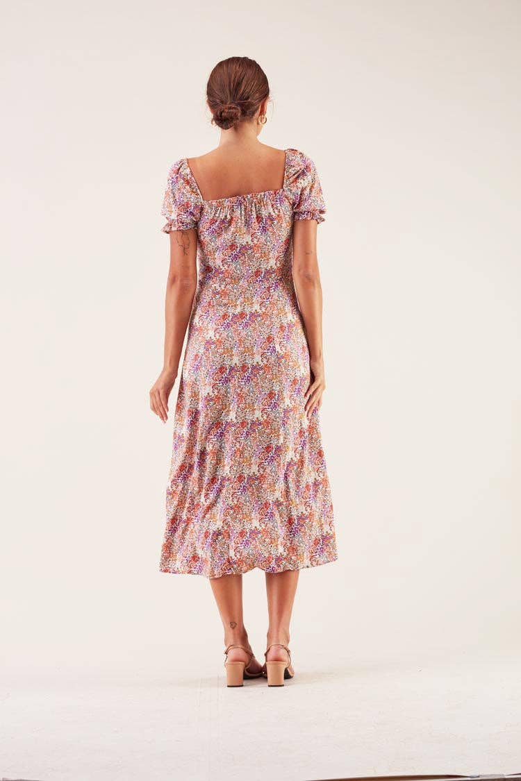 Vestito midi floreale con maniche a sbuffo