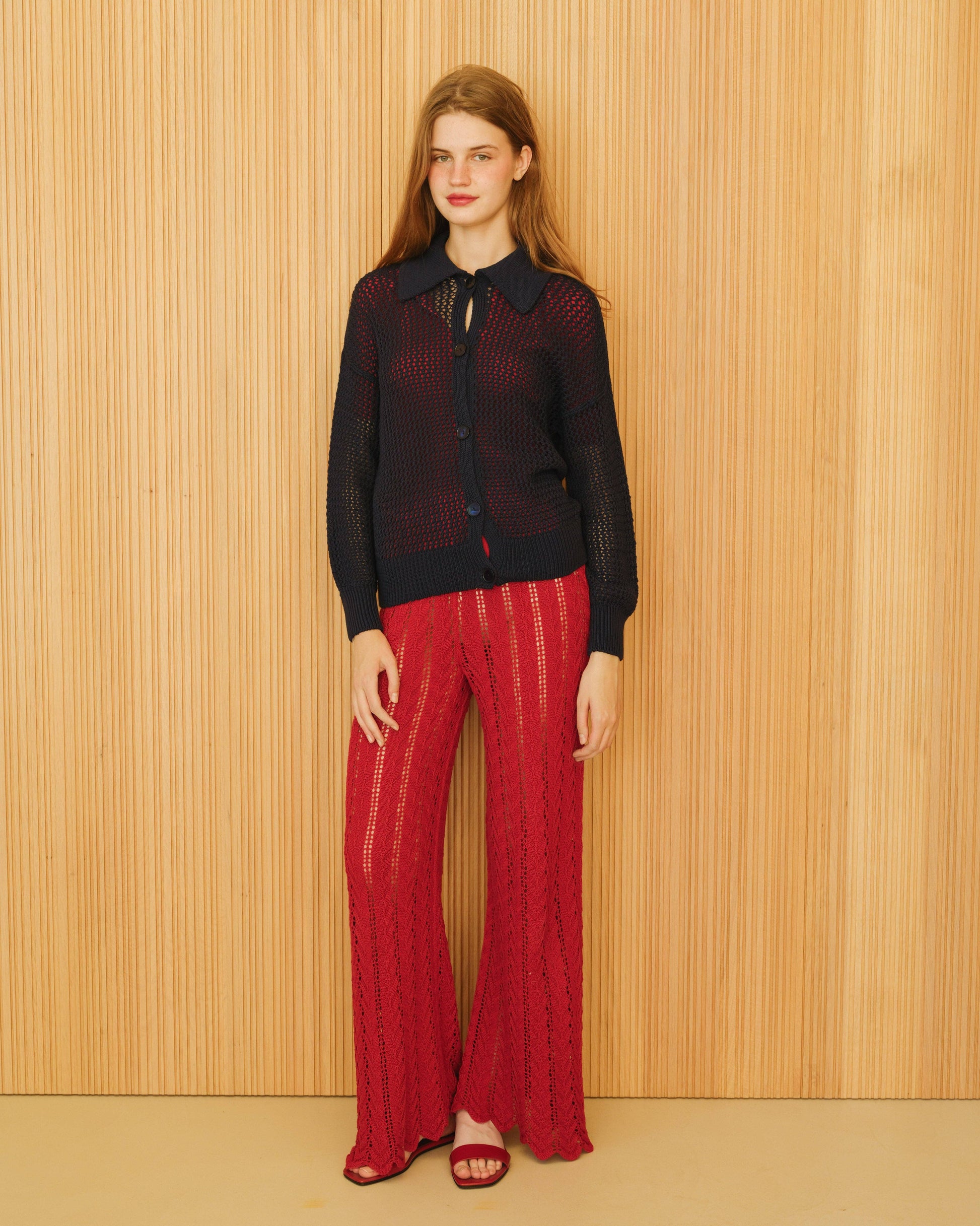 Cardigan polo in cotone fine all’uncinetto