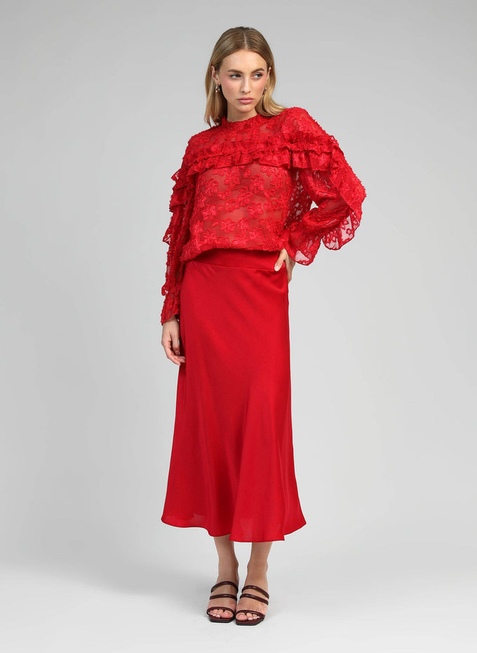Blusa Soely rossa trasparente jacquard con volant