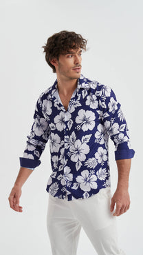 Camicia stretch a fantasia floreale blu