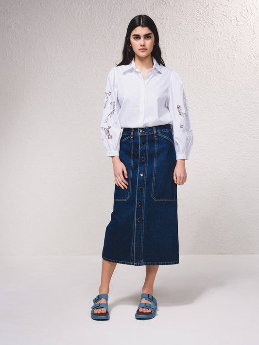 Gonna midi in denim con bottoni frontali