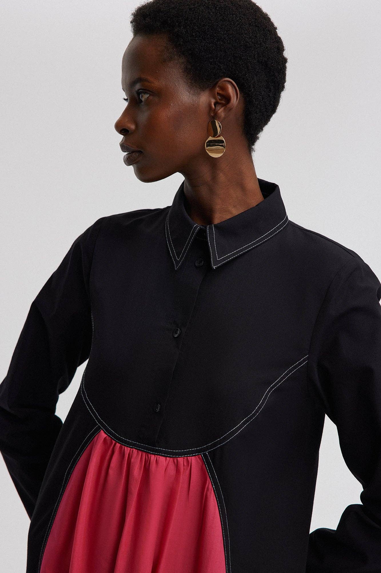 Abito maxi color block con colletto in misto cotone