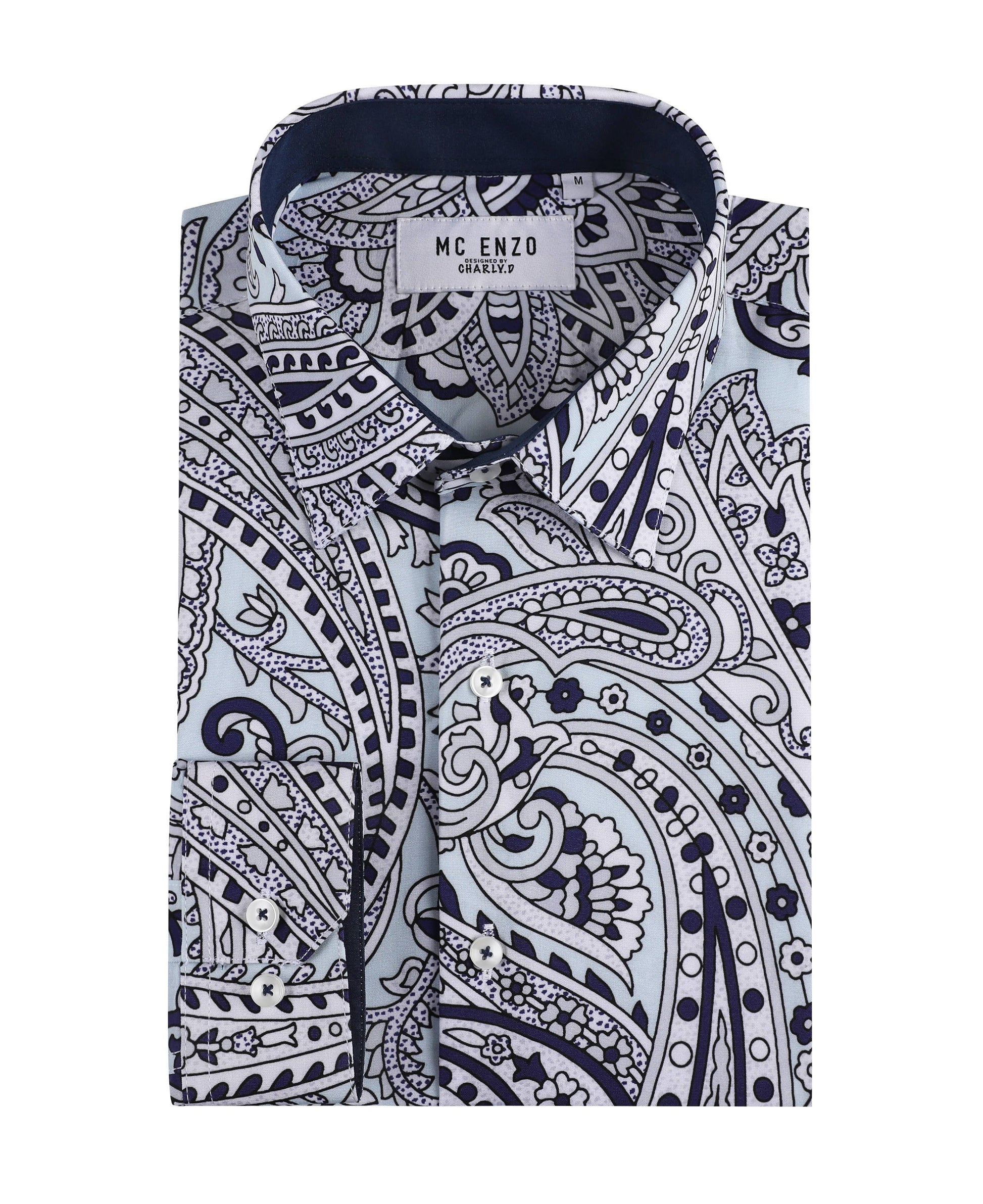 Camicia slim fit elasticizzata blu con stampa paisley